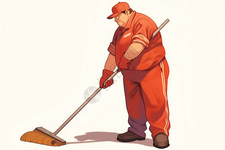 笤帚红衣清洁工在扫地插画
