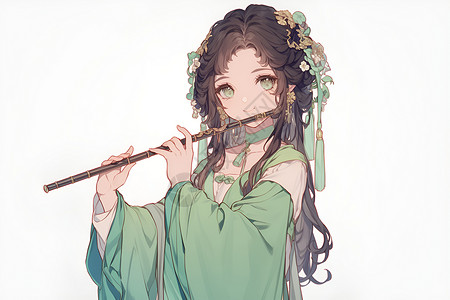 古典演奏吹奏竹笛的汉服女孩插画