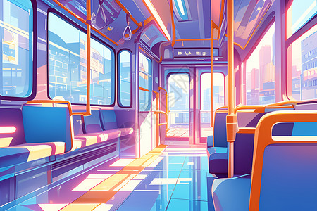 巴士车厢城市中的巴士内部插画