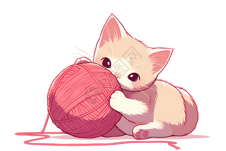 毛线玩具可爱小猫咪和粉色毛线球玩耍插画