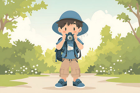 男孩在拍照男孩背着相机在公园中拍摄插画