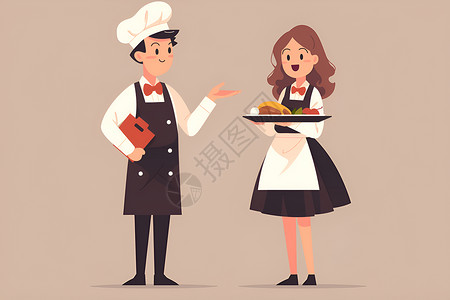 民族餐厅厨师和服务员插画