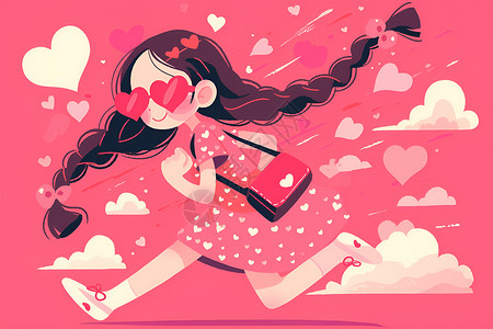 可爱的动画女孩在粉红色背景上快乐奔跑高清图片