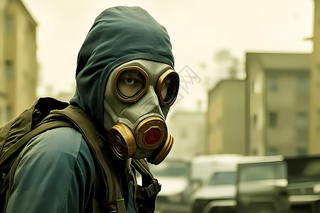 污染面具城市街道上带着防毒面具的人插画