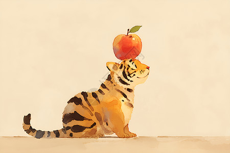 老人头顶苹果顶着苹果的老虎插画