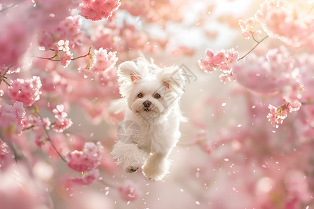 春日樱花下的小白犬图片