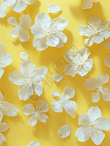 白花的花瓣在黄色背景上图片