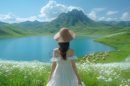 草原上身着白裙的女子图片