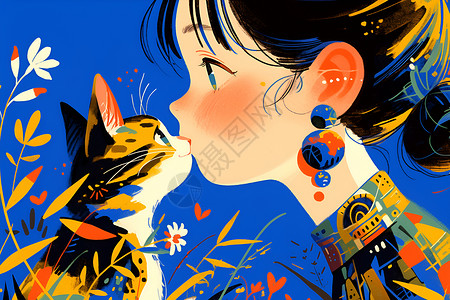 女孩与猫在蓝色背景下图片