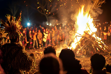 夜晚篝火旁的人群图片