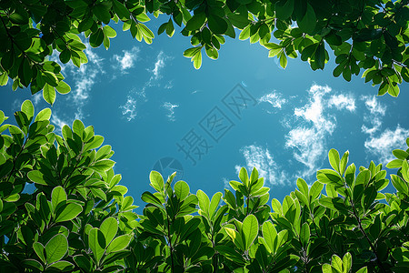 夏日绿叶与蔚蓝天空图片