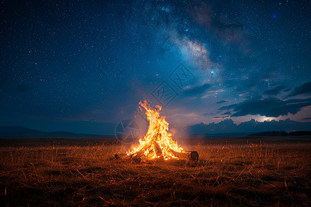 星空下的篝火与远山图片