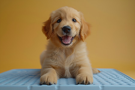 可爱的幼犬坐在蓝色垫子上图片