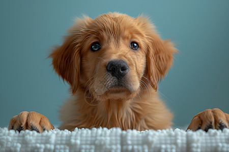 一只金毛幼犬站立在毛毯上图片