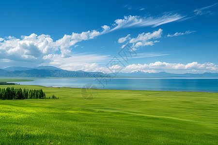 天空下的草地湖泊图片