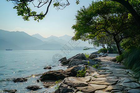 海边的石板栈道图片