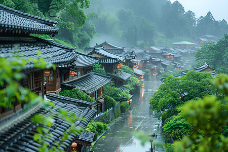 雨中的静谧村庄街道图片