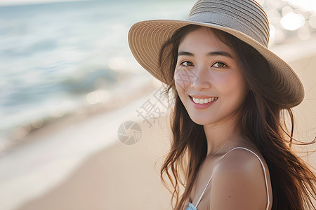 海滩上戴着帽子微笑的美女图片