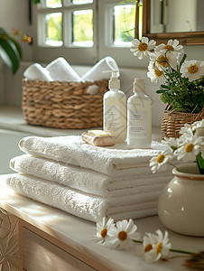 典雅浴室的静物白毛巾图片