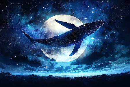 鲸鱼在满月星空下图片