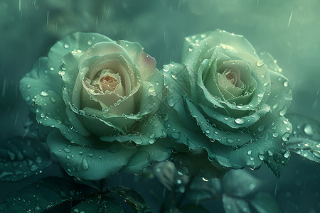 绿色玫瑰雨中绽放图片