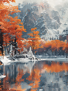 橙叶树中的山湖雪景图片