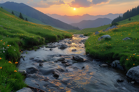 落日余晖映照山谷图片