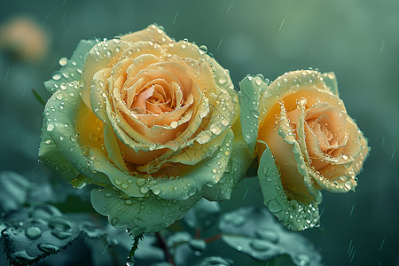 绿色雨中玫瑰图片