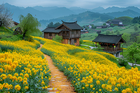 春日油菜花海中的美景图片