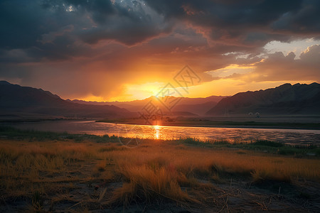 夕阳时的水域风景图片