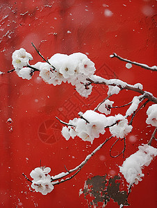 雪落梅花红墙静美图片