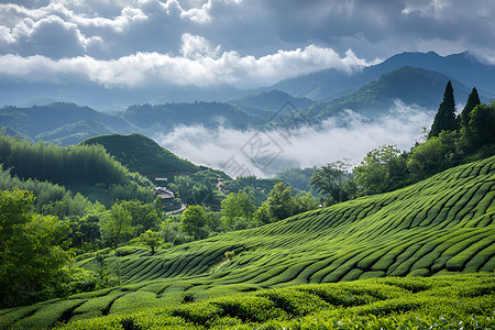 翠绿茶园在山间图片