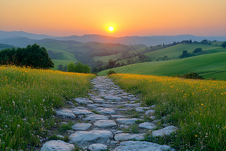 青山绿野夕阳石道图片