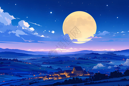 秋夜明月山村画图片