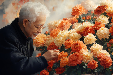 看花的老年人图片