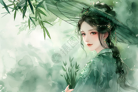 绿色水彩画少女图片