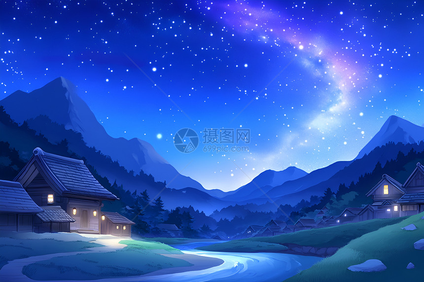 山村夜景插画图片