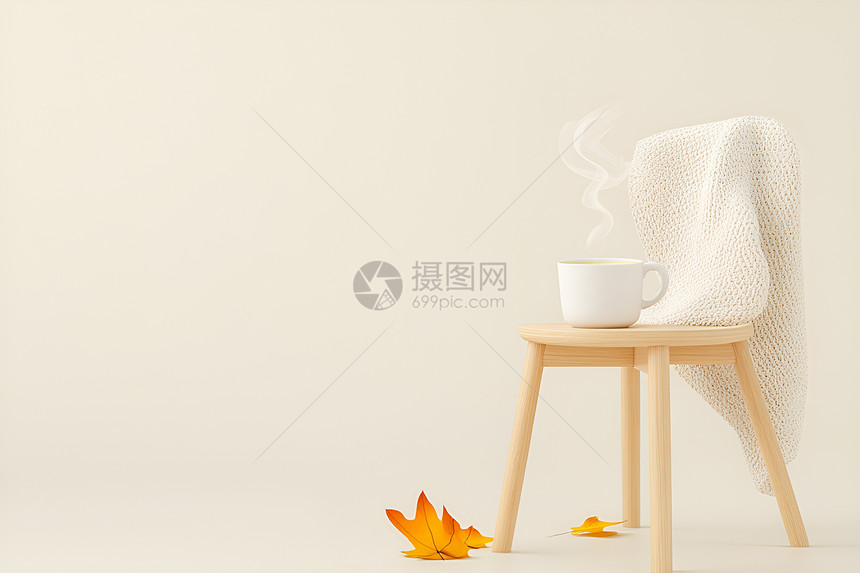 木椅上的毯子与茶杯图片