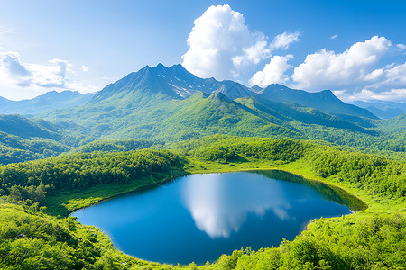 翠绿山峦环抱的美丽湖泊图片